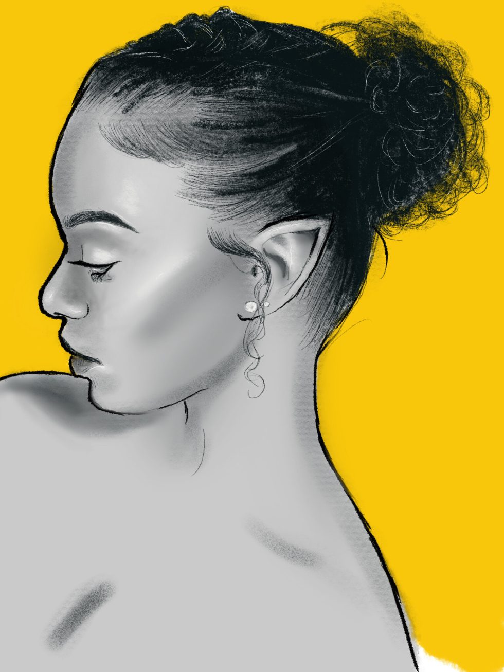 Black and white portrait of a black female elf with a yellow background